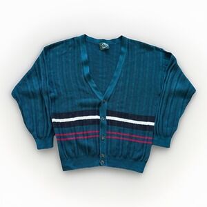 Vintage Jantzen Cardigan‎ Sweater Mens L Green Striped Cotton Knit 90s Classic